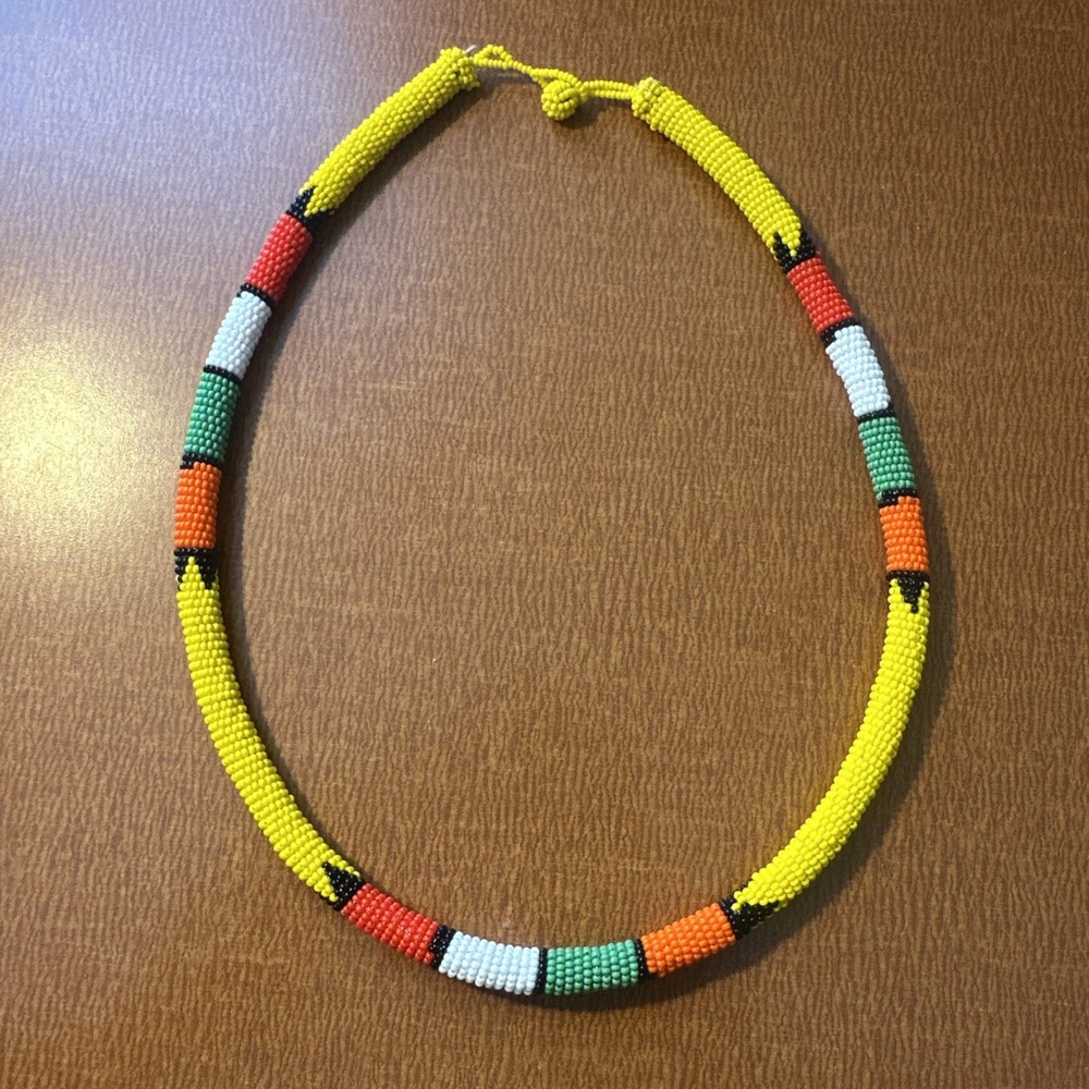 Maasai Beaded Collar Necklace African Glass Seed Beads Yellow Tribal Handmade 24